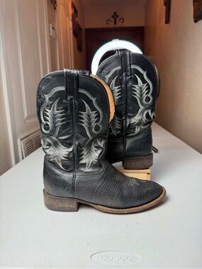 Tony Lama Black Bullhide Leather Roper Cowboy Boots Men Sz 8.5 D